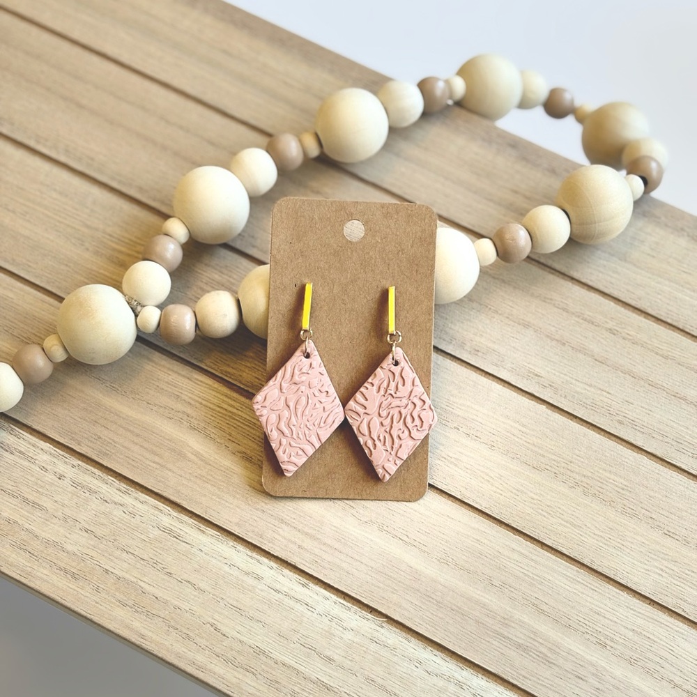 Gold Handmade Rose Pink Diamond-Shaped Earrings Boho Chic Statement Jewelry